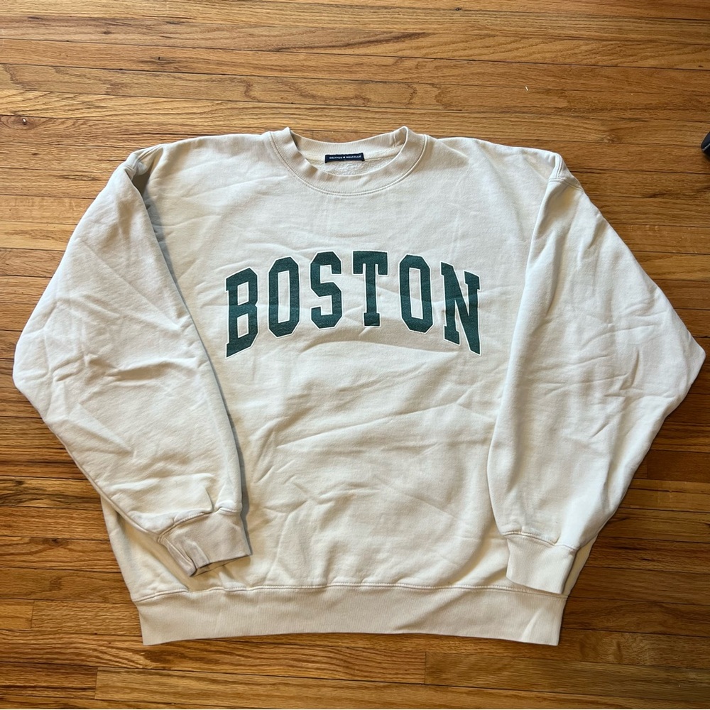 Brandy Melville Cream Crewneck with Green Boston Print